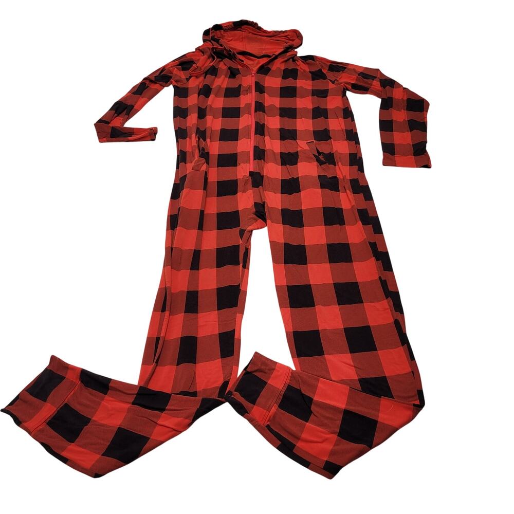 MeUndies buffalo plaid checkered red unisex onesie jumpsuit one piece hooded